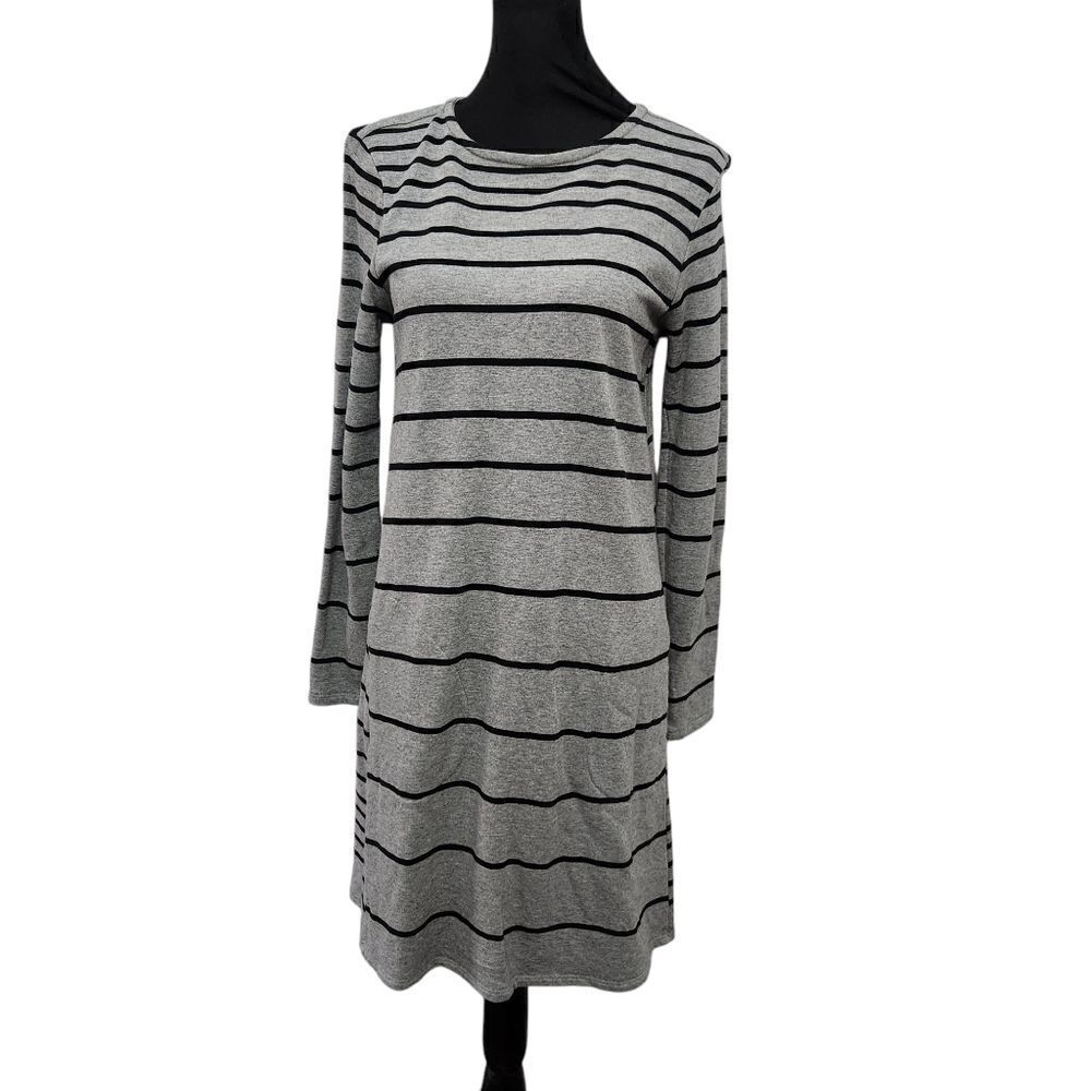 J. Jill Shift Dress Small Gray Black Stripe Warm Long Sleeve Basic Pockets